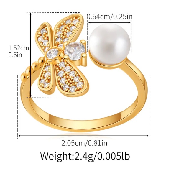 18KT Gold Plated Butterfly Pearl Ring - Picture 4 of 4